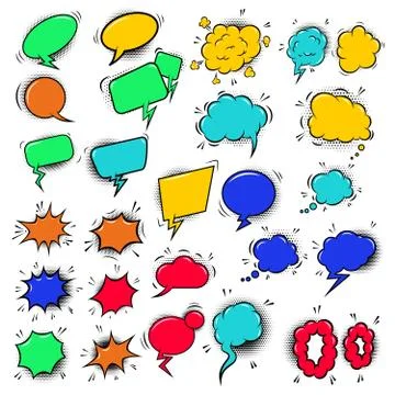 Set of empty colorful comic style speech bubbles. Design element for poster, Illustrazione stock