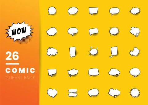 Set of empty comic bubbles and elements with black halftone shadows on yellow Stock Illustration