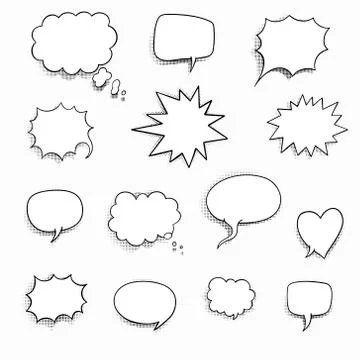 Set of empty comic speech bubbles with halftone shadows. Black and white spee Illustrazione stock