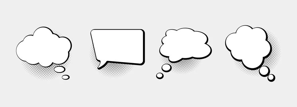 Set of empty comic speech bubbles with black halftone Illustrazione stock