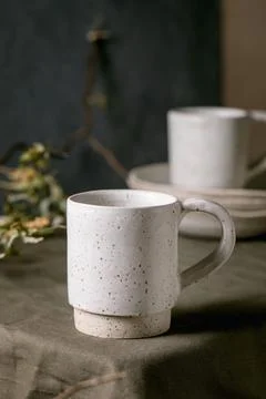 Set of empty craft ceramic coffee cups Stock Photos