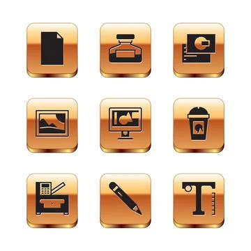 Set Empty document, Copy machine, Pencil with eraser, Computer monitor screen Illustrazione stock