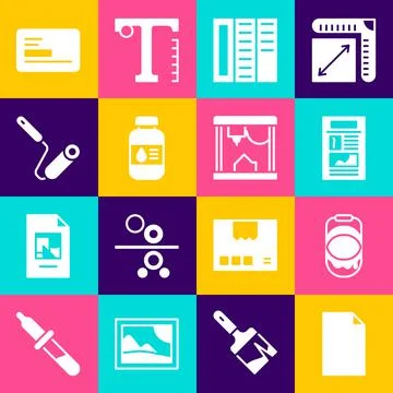 Set Empty document, Paint bucket, News, Brochure, Printer ink bottle, roller Stock Illustration
