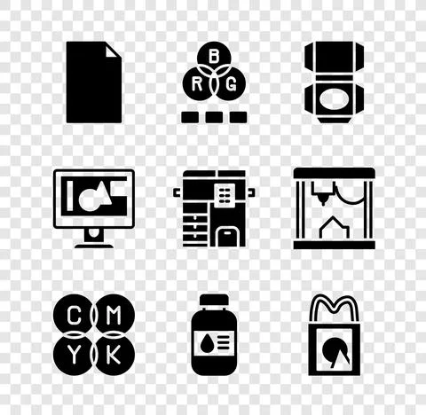 Set Empty document, RGB color mixing, Carton cardboard box, CMYK, Printer ink Stock Illustration