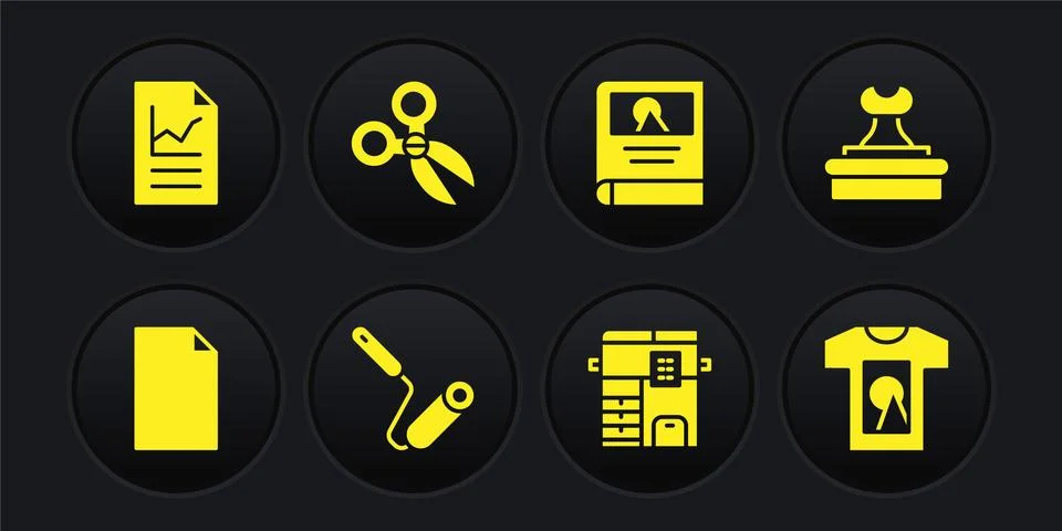 Set Empty document, Stamp, Paint roller brush, Copy machine, Photo album gallery Stock Illustration