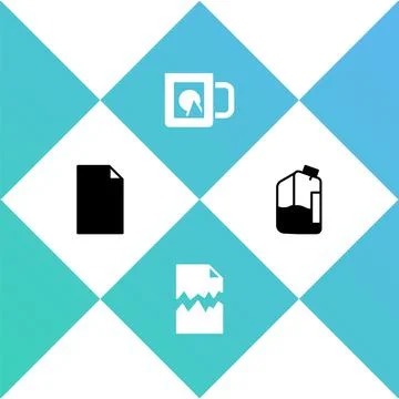 Set Empty document, Torn, Coffee cup and Printer ink bottle icon. Vector Stock Illustration