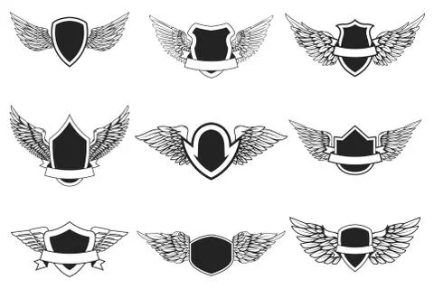 Set of empty emblems with wings isolated on white. Design element for logo, l Stock Illustration