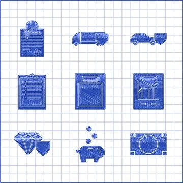 Set Empty form, Piggy bank with coin, Stacks paper money cash, Document graph Illustrazione stock