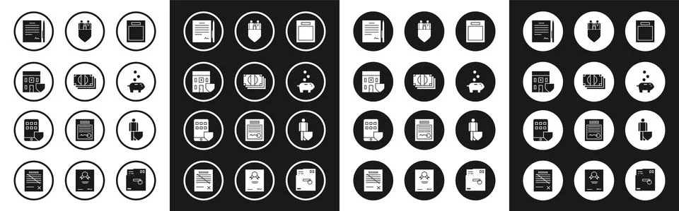 Set Empty form, Stacks paper money cash, Medical hospital building with shield Ilustración de archivo