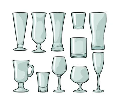 Set empty glass beer, whiskey, wine, gin, rum, tequila, champagne, cocktail Stock Illustration
