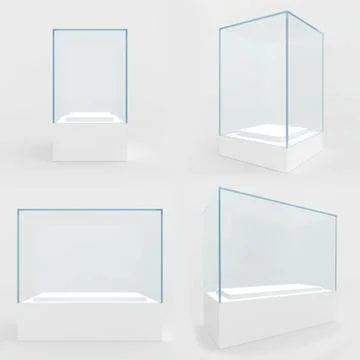 Set empty glass showcase in cube form for presentation on white background. 3d Stock Illustration