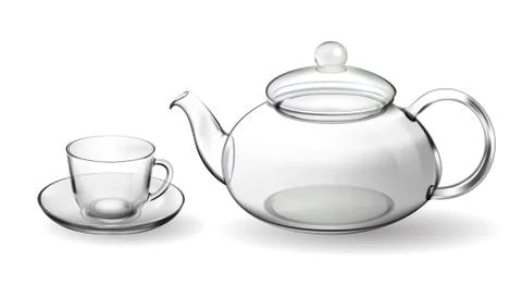 Set empty glass tea cup with teapot isolated on white Stock Illustration