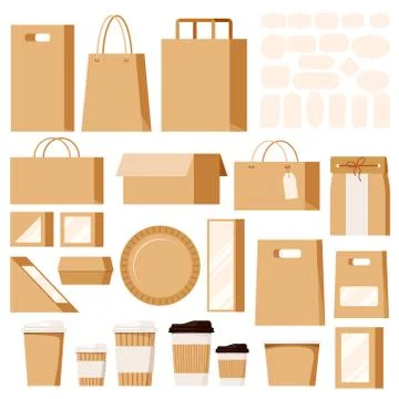 Set of empty kraft brown blank cardboard paper bags for in-store purchases, p Stock Illustration