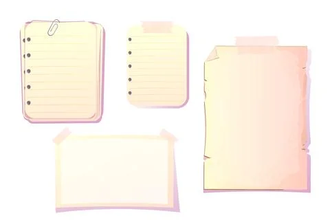 Set Empty papers for notes, journal with tape in cartoon style isolated on white Stock Illustration