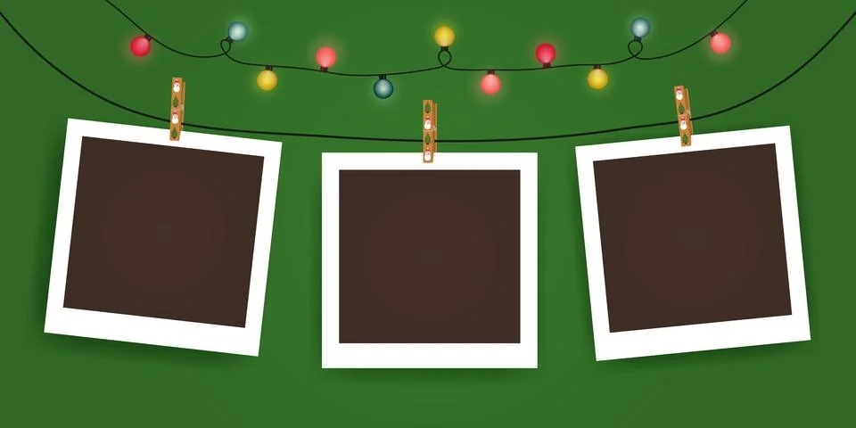 Set of empty photo frame mockup with christmas lights, pimple Realistic bla.. Stock Illustration