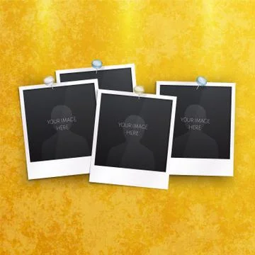 Set of empty photo frames and tacks on the wall. Illustrazione stock