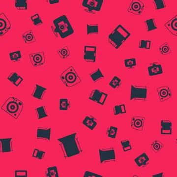 Set Empty photo studio, Photo camera,  and SD card on seamless pattern. Vecto Stock Illustration