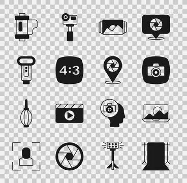 Set Empty photo studio, Photo retouching, camera, frame, 4, flash, Camera f.. Stock Illustration