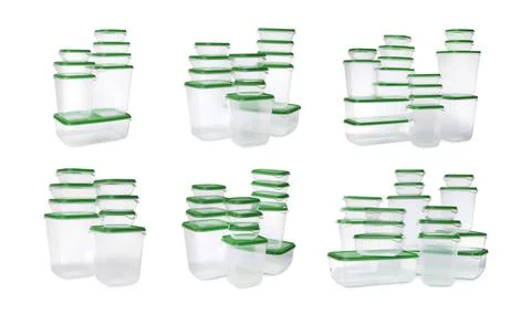 Set with empty plastic containers of different sizes for food on white backgr Foto stock