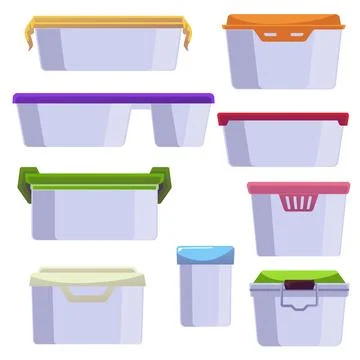 Set of empty plastic or glass food containers with lids, flat vector Ilustración de archivo