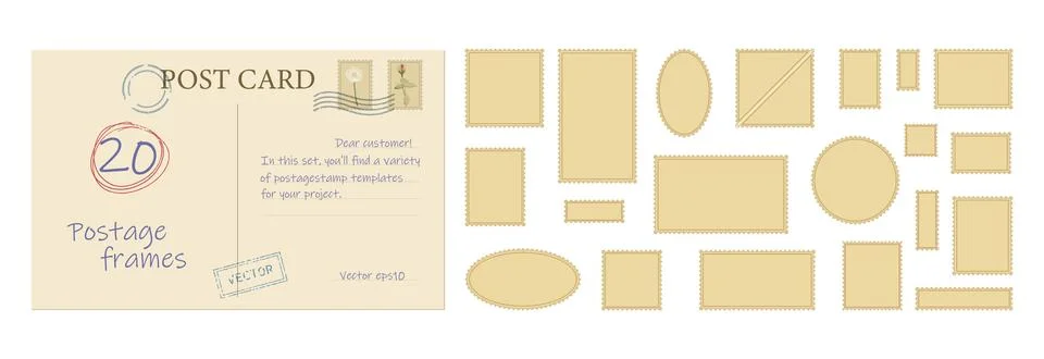 Set of empty postcard stamp frames and retro mail card template. Vector kit with Stock Illustration