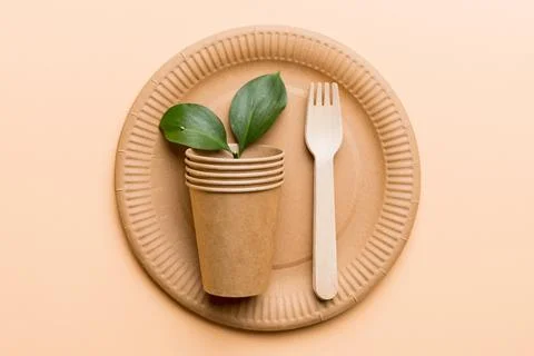 Set of empty reusable disposable eco-friendly plates, cups, utensils on lig.. Stock Photos