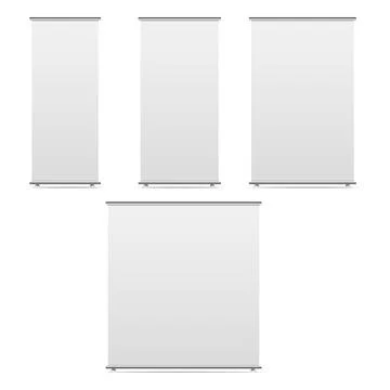 Set of empty roll up banners display mockup on isolated white background. Vec Stock Illustration