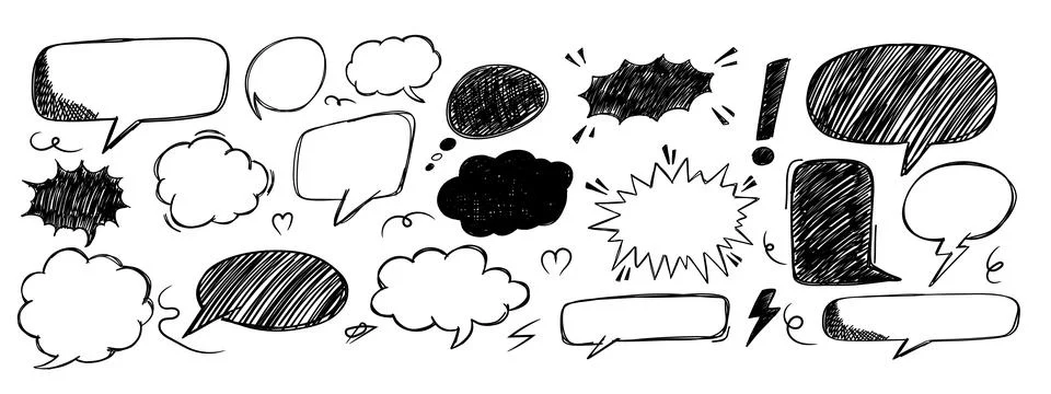 Set of empty scribble comic speech bubbles in different shapes. Pen paint Stock Illustration