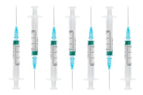 Set empty syringe close up isolated on white background. Vaccine plastic hy.. Foto stock