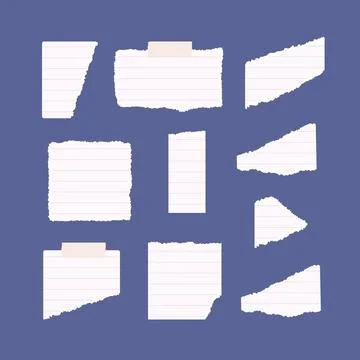 Set of empty torn, ripped white lined, note, notebook paper pieces vector Stock Illustration