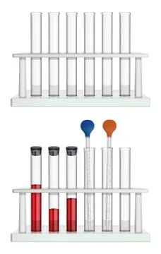 A set of empty tubes in rack and a set of measuring laboratory pipettes Stock Illustration