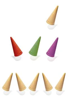 Set of Empty waffle cone hanging in the air isolated on white background Stock Photos