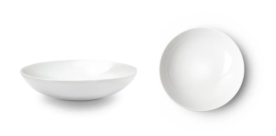 Set Empty white ceramic plate. Isolated on white background Stock Photos