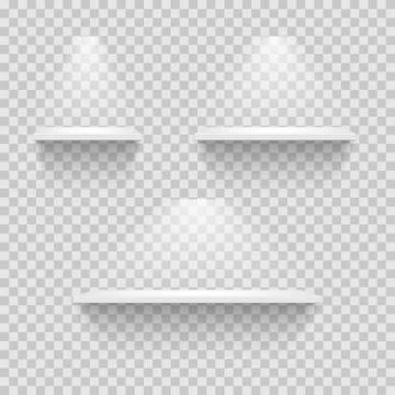 Set of empty white shelves isolated on transparent background. Vector design Illustrazione stock