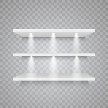 Set of empty white shelves isolated on transparent background. Vector design Stock Illustration