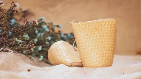 Set of Empty wicker basket on the table with background in natural linen and  Stock Photos