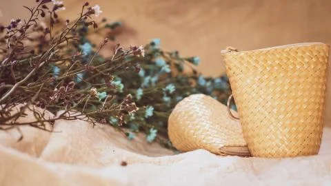 Set of Empty wicker basket on the table with background in natural linen and  Stock Photos