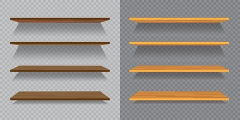 Set of empty wooden or plastic shelves isolated on ckeckered background Stock Illustration
