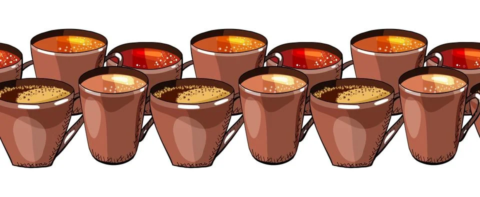 Set of endless border. Coffee and tea cups on a white background. Stock Illustration