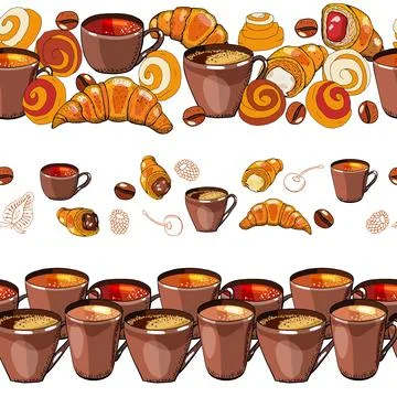 Set of endless borders. Coffee and tea cups, coffee beans Stock Illustration