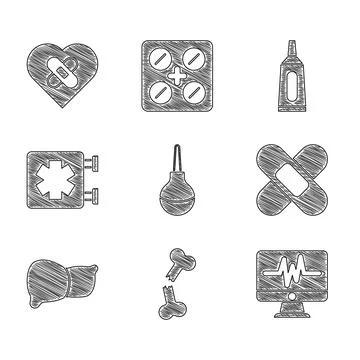 Set Enema, Human broken bone, Monitor with cardiogram, Crossed bandage plaster Illustrazione stock