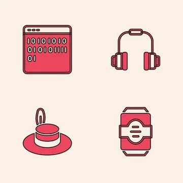 Set Energy drink, Binary code, Headphones and Man hat icon. Vector 库存插图