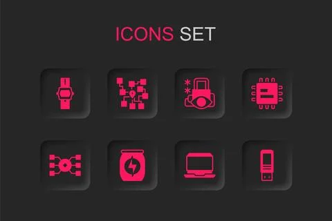 Set Energy drink, Neural network, Wrist watch, Laptop, Processor CPU, USB f.. Stock Illustration