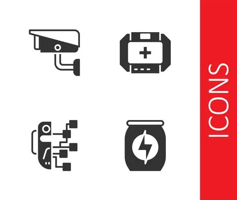 Set Energy drink, Security camera, Humanoid robot and First aid kit icon. Vector Stock Illustration