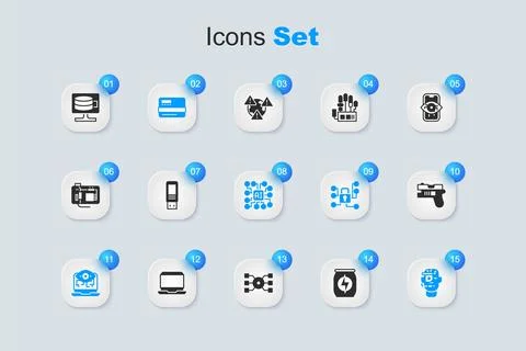 Set Energy drink, USB flash drive, Credit card, Computer vision, Smart glas.. Stock Illustration