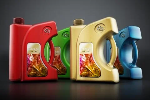 Set of engine oils standing on black background. 3D illustration Illustrazione stock