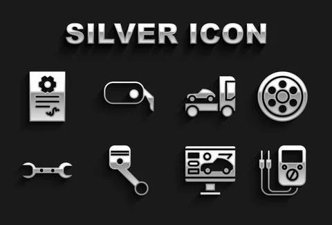 Set Engine piston, Alloy wheel, Multimeter, Diagnostics condition of car, Wrench Illustrazione stock