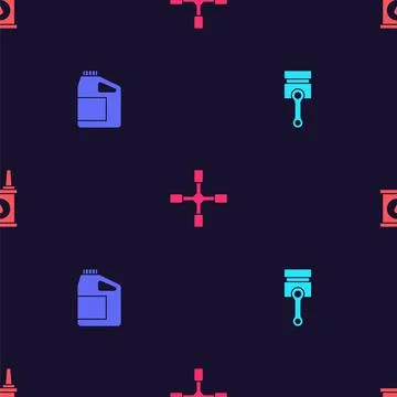 Set Engine piston, Canister for motor oil, Wheel wrench and on seamless pattern 스톡 일러스트