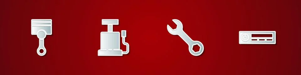 Set Engine piston, Car air pump, Wrench spanner and Audio icon. Vector Illustrazione stock