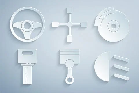Set Engine piston, Car brake disk with caliper, key remote, High beam, Whee.. Stock Illustration